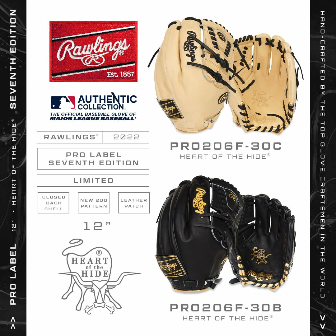 Rawlings Pro Label Heart Of The Hide 12" Baseball Glove: PRO206F-30B 7 Rawlings Pro Label Heart Of The Hide 12" Baseball Glove: PRO206F-30B - Image 5